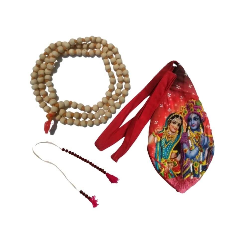 MAYAPURI Radha Krishna Embroidery Japa Bag/Chanting Bag with Japa Mala & Sakshi Mala