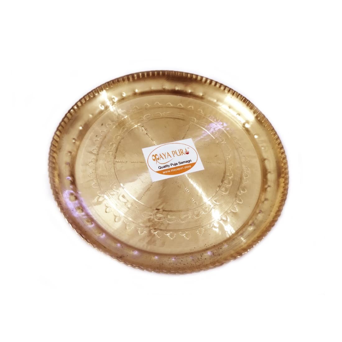 Pital Puja Thali/Brass Bhog Thali for Worship, Engraved Design, Golden Color, Diameter: 6.5 Inches
